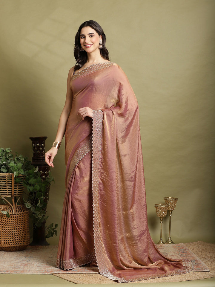 Onion Pink Embroidered Tissue Saree