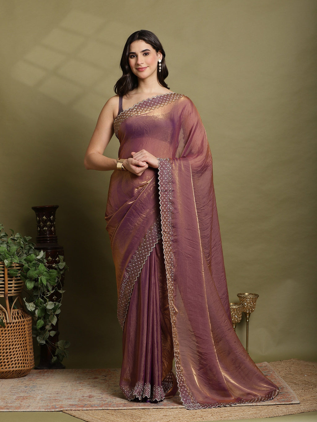 Purple Embroidered Tissue Saree