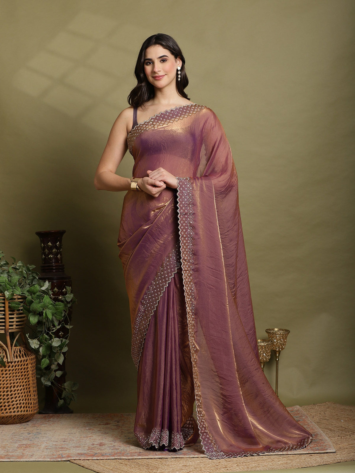 Purple Embroidered Tissue Saree