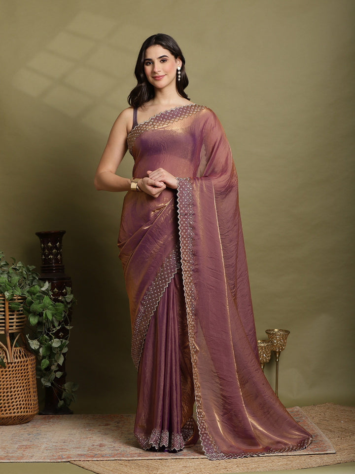 Purple Embroidered Tissue Saree