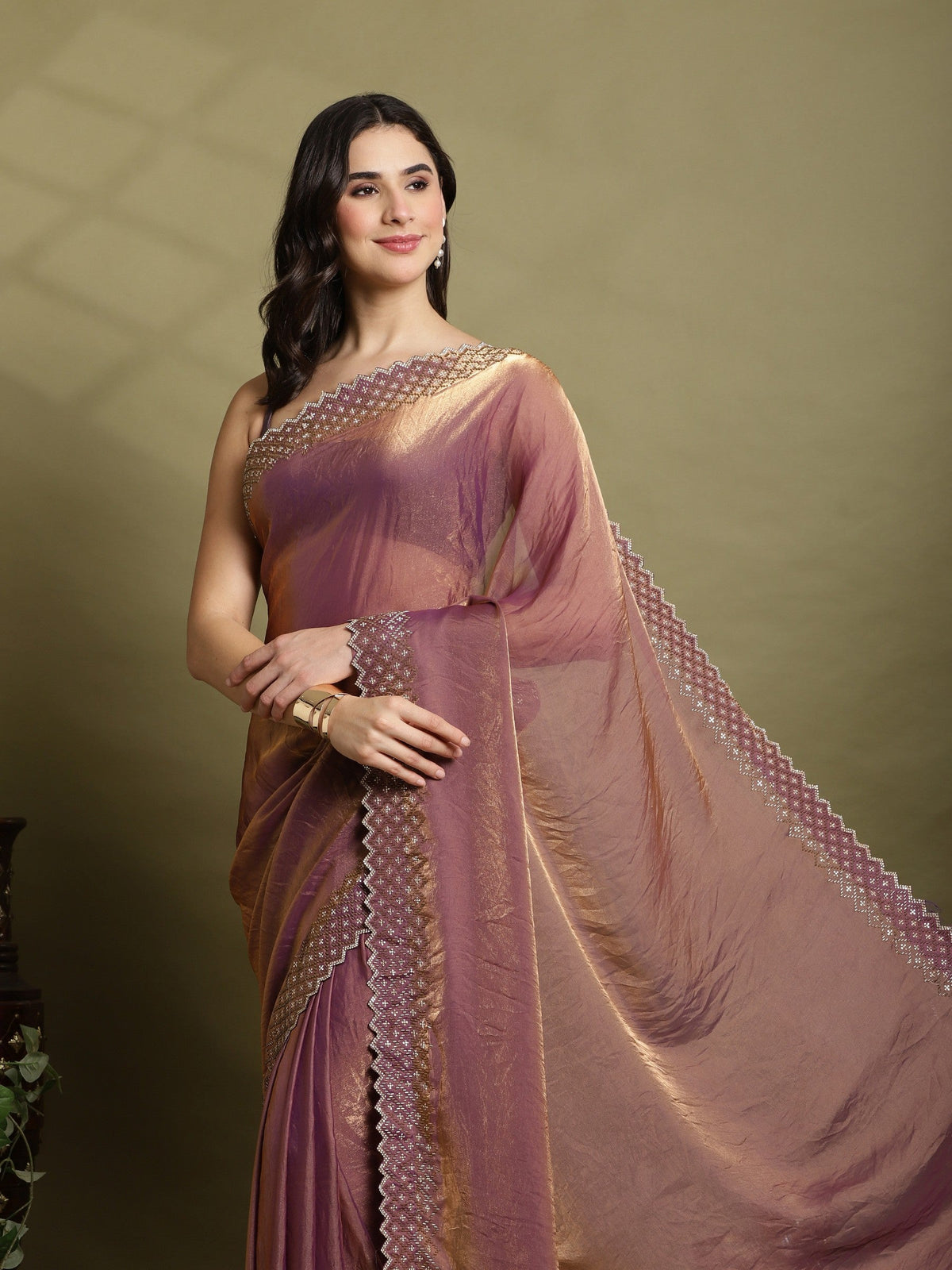 Purple Embroidered Tissue Saree