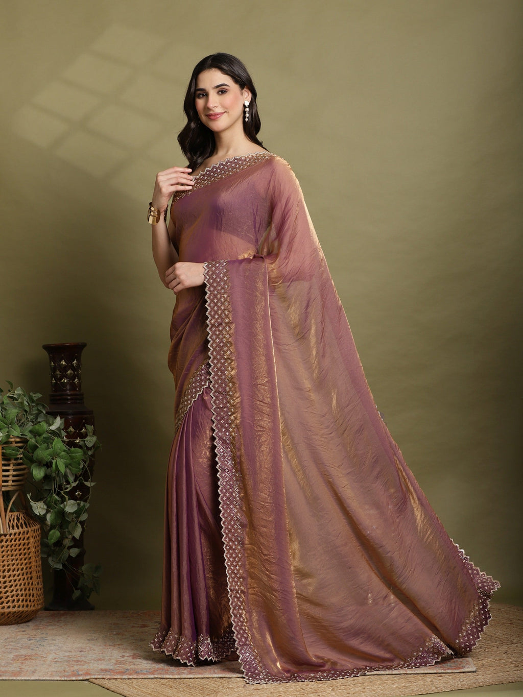 Purple Embroidered Tissue Saree