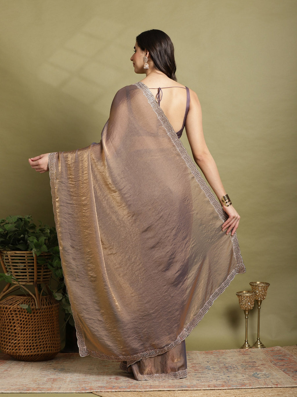 Brown Embroidered Organza Saree