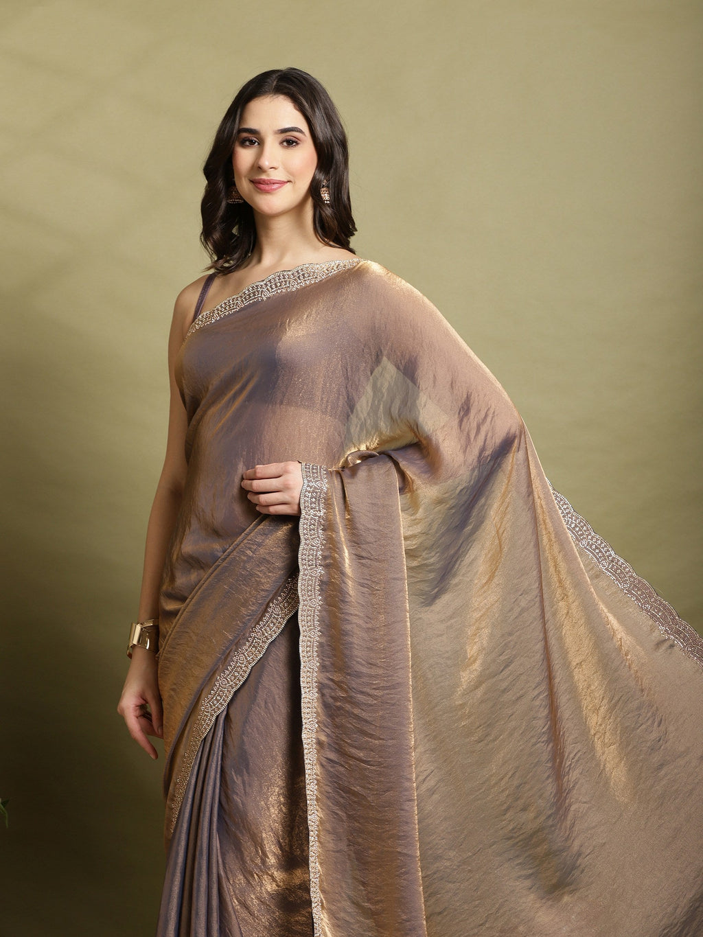 Brown Embroidered Organza Saree