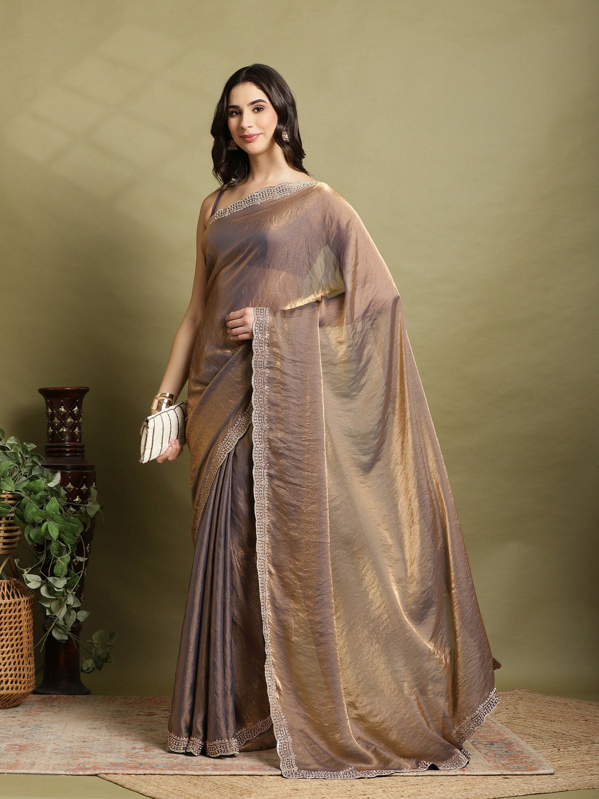 Brown Embroidered Organza Saree