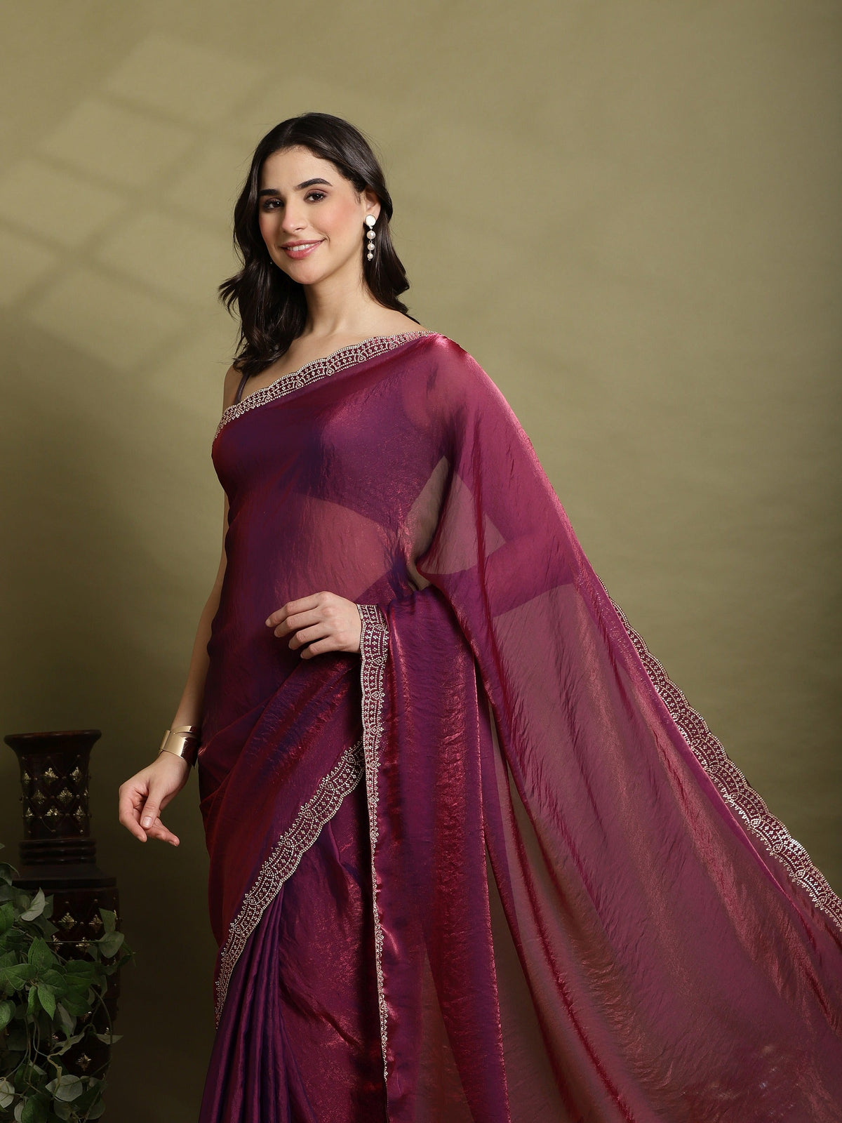 Magenta Embroidered Organza Saree