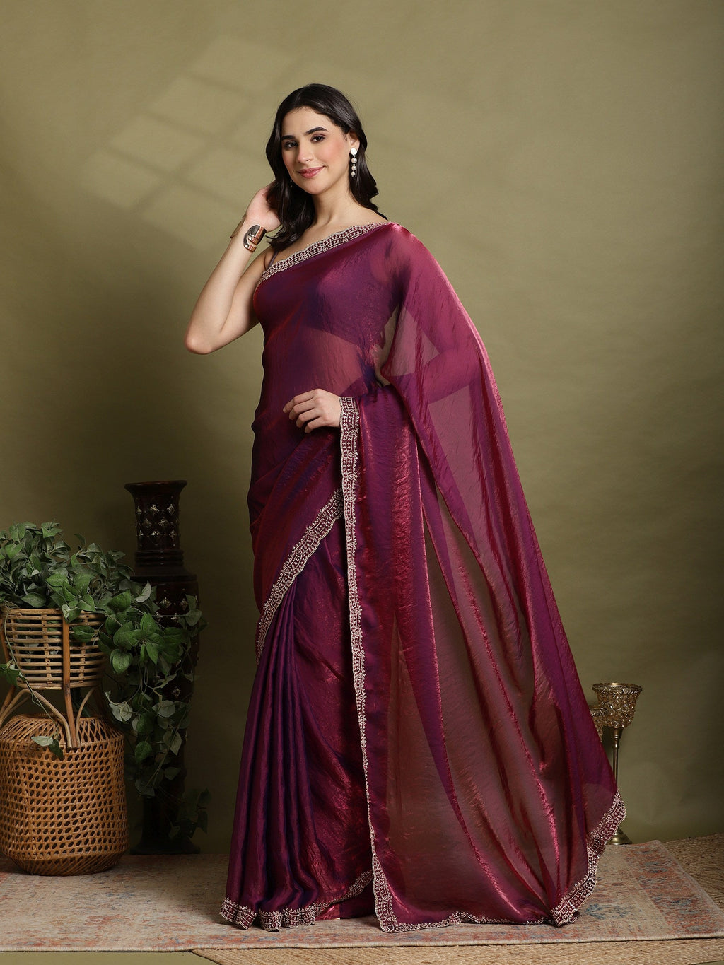 Magenta Embroidered Organza Saree
