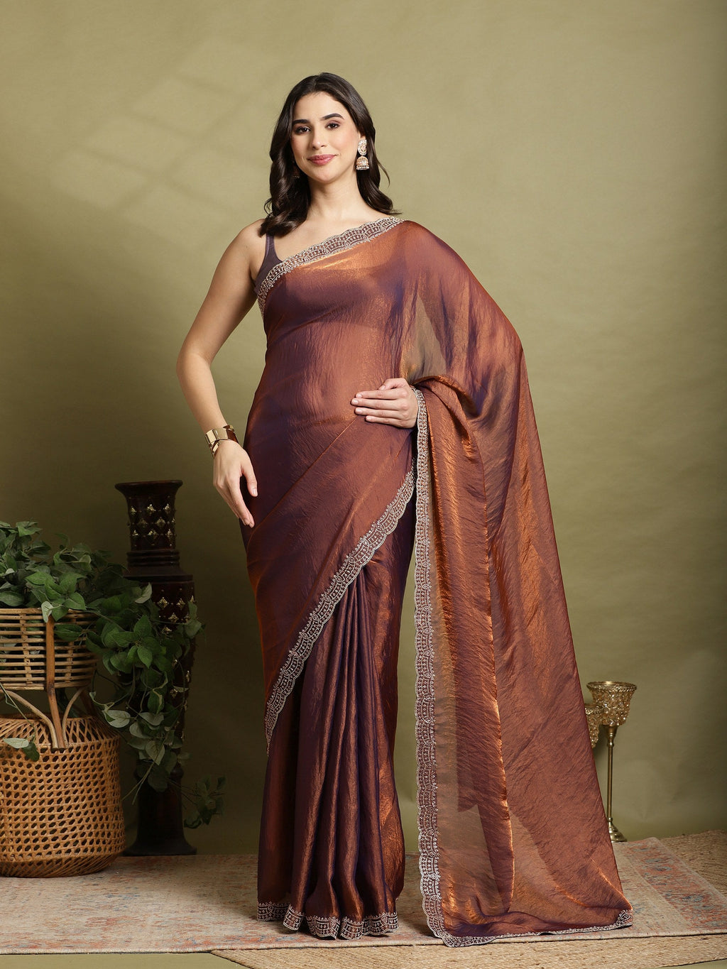 Rust Embroidered Organza Saree