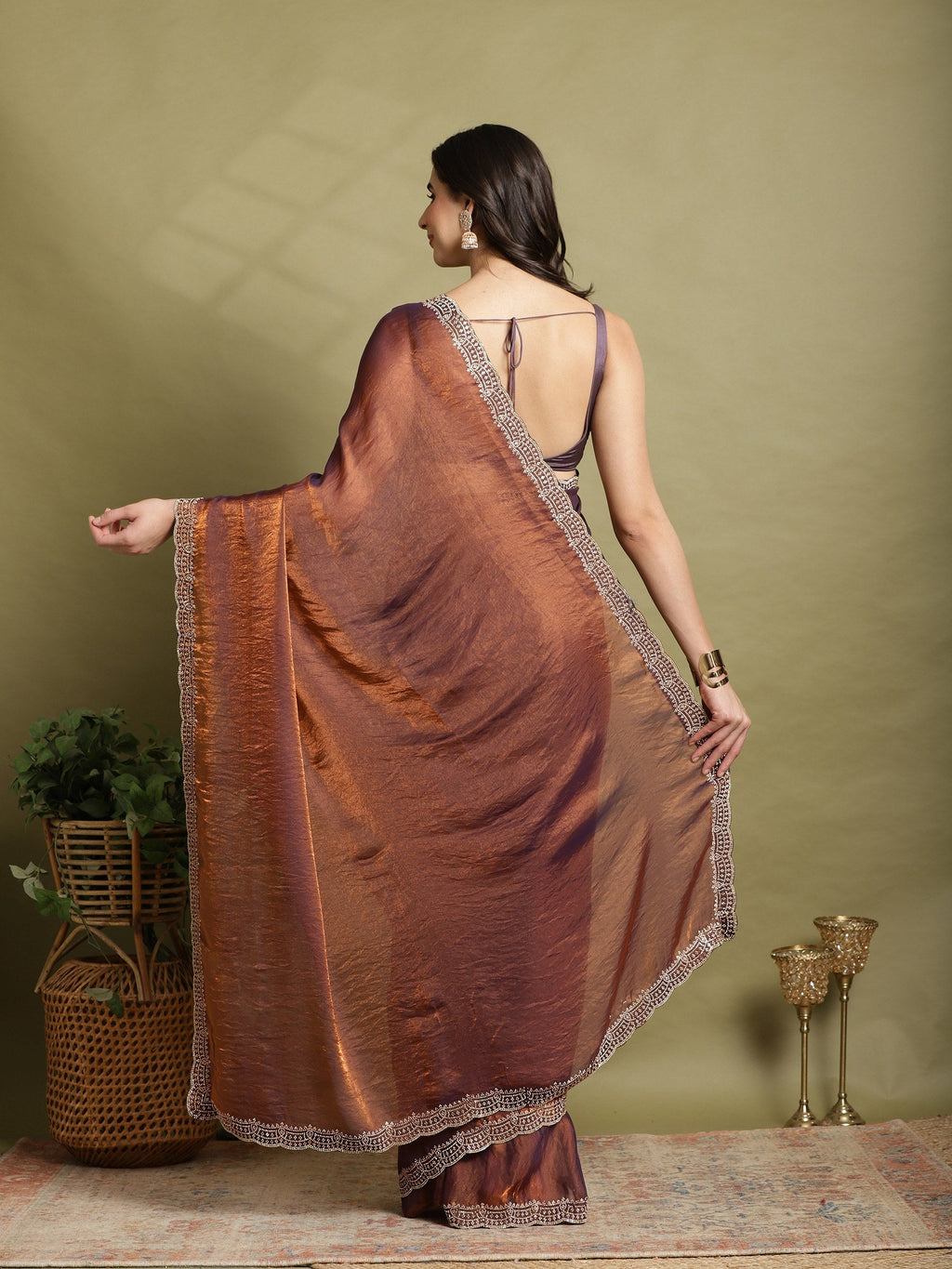 Rust Embroidered Organza Saree