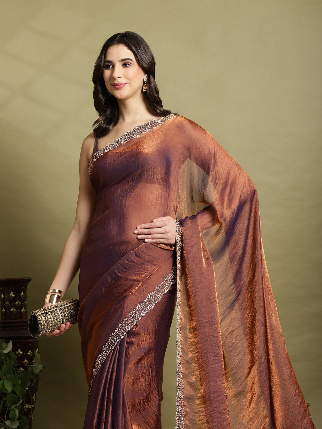 Rust Embroidered Organza Saree