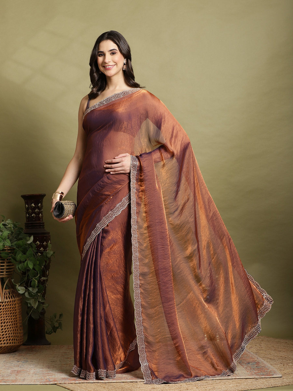 Rust Embroidered Organza Saree