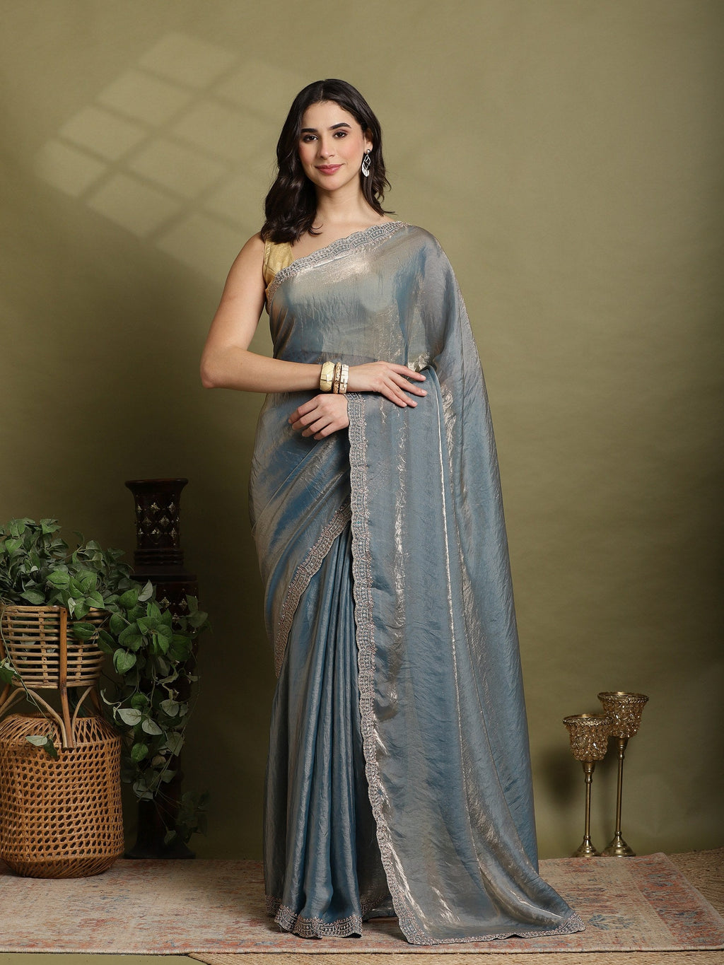 Teal Blue Embroidered Organza Saree