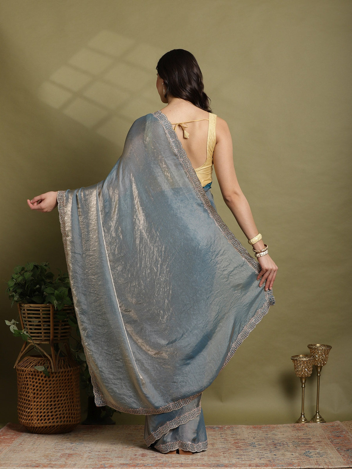 Teal Blue Embroidered Organza Saree