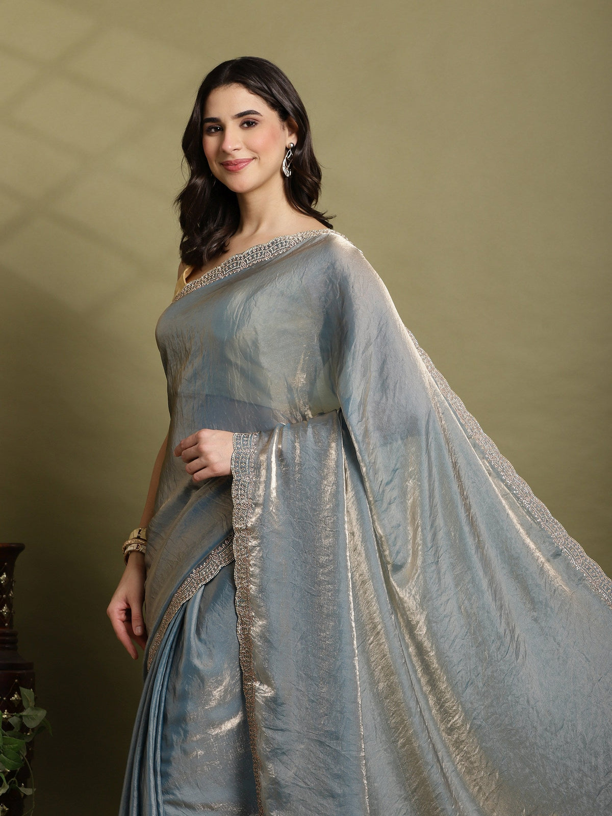 Teal Blue Embroidered Organza Saree