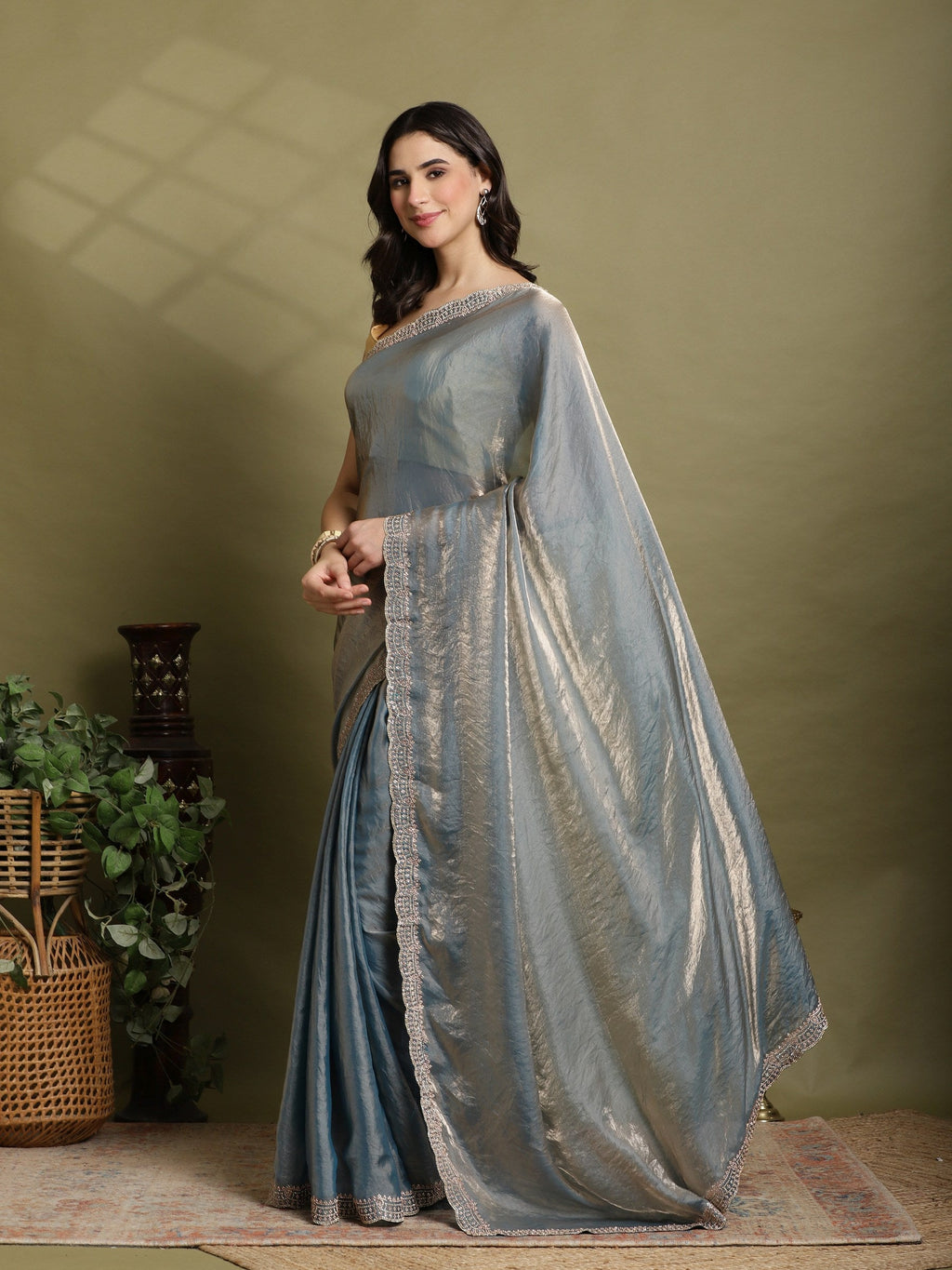 Teal Blue Embroidered Organza Saree