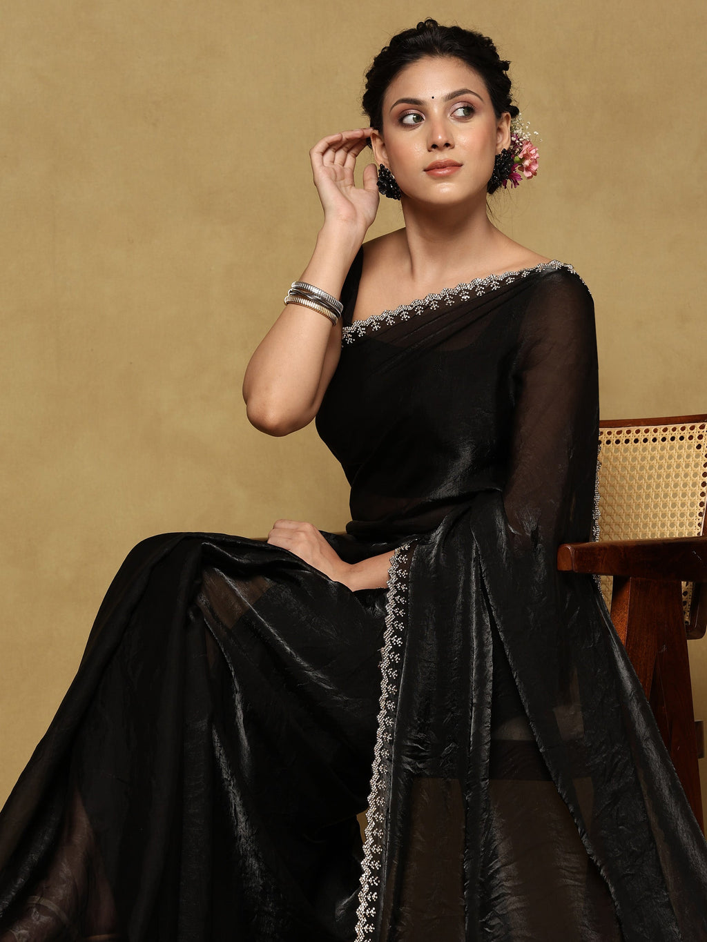 Black Embroidered Organza Saree