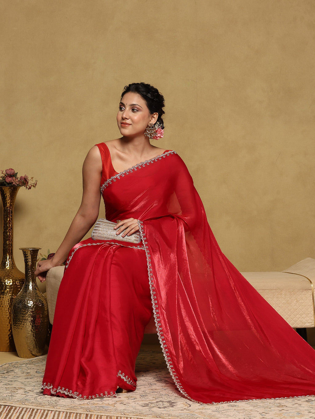 Hot Pink Embroidered Organza Saree