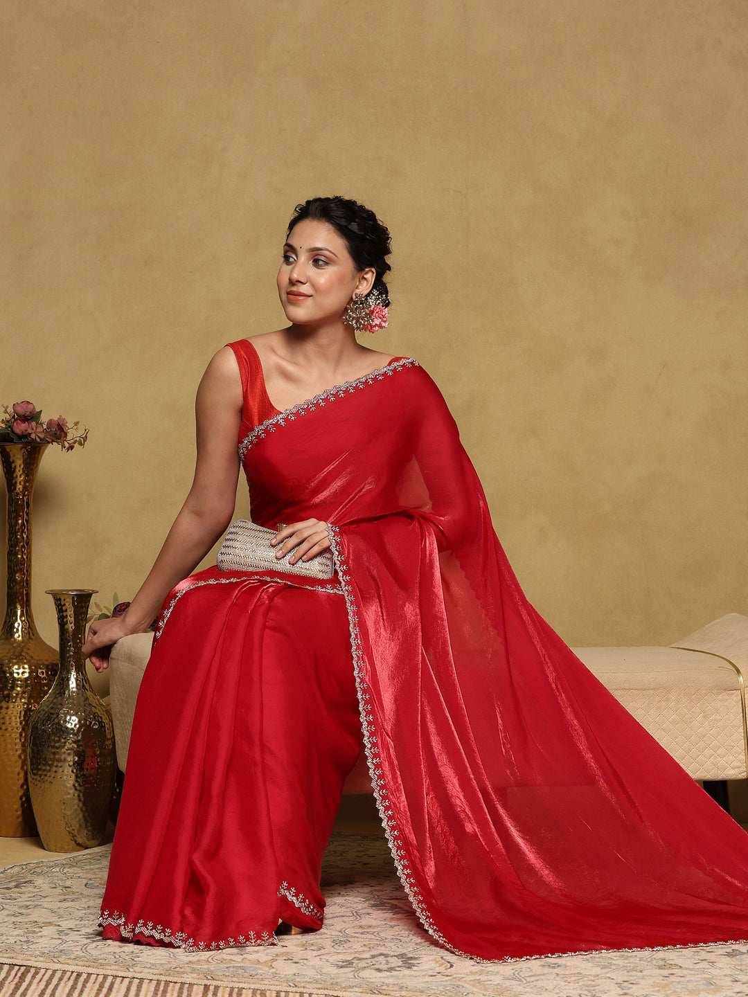 Hot Pink Embroidered Organza Saree