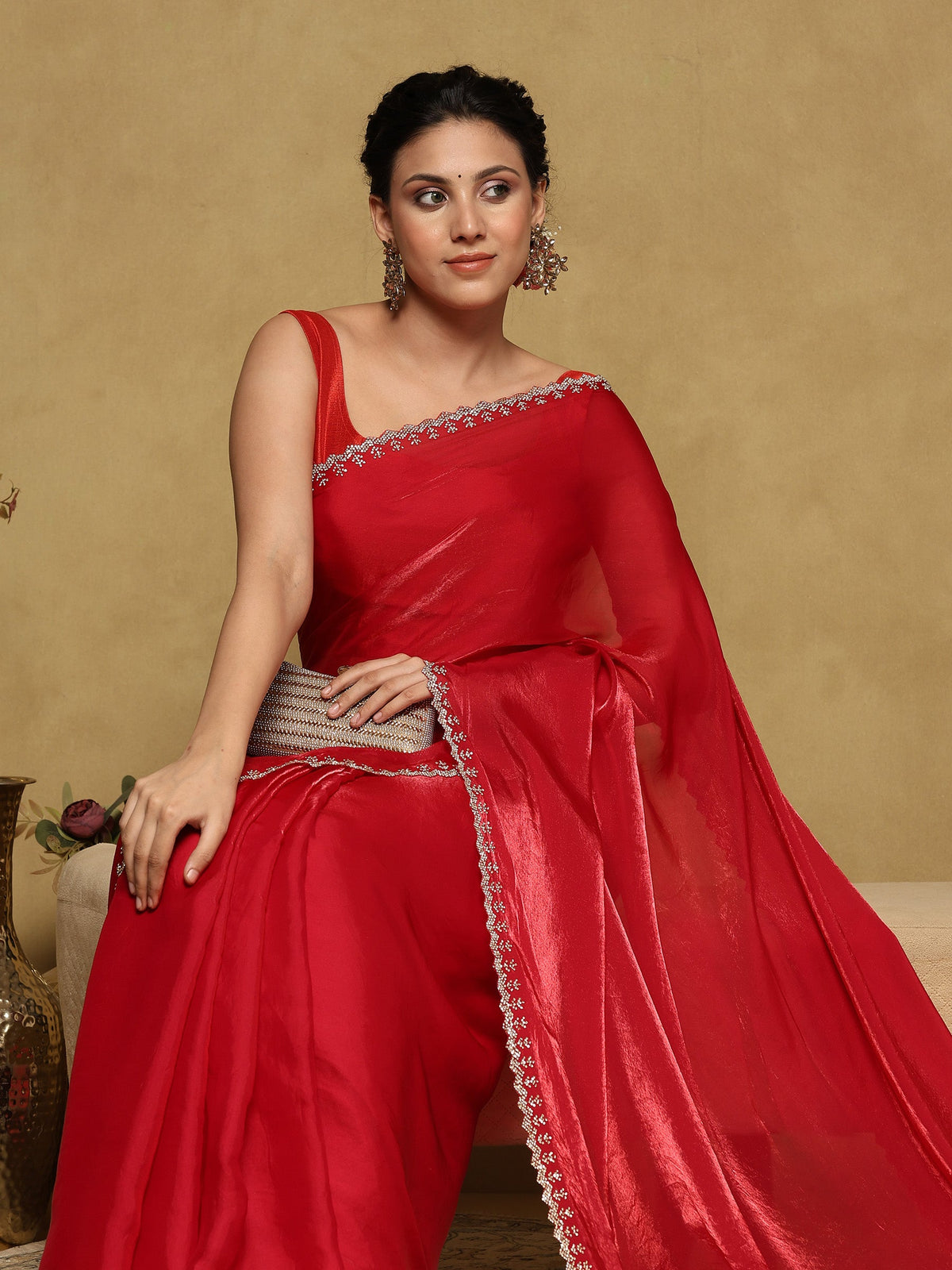 Hot Pink Embroidered Organza Saree
