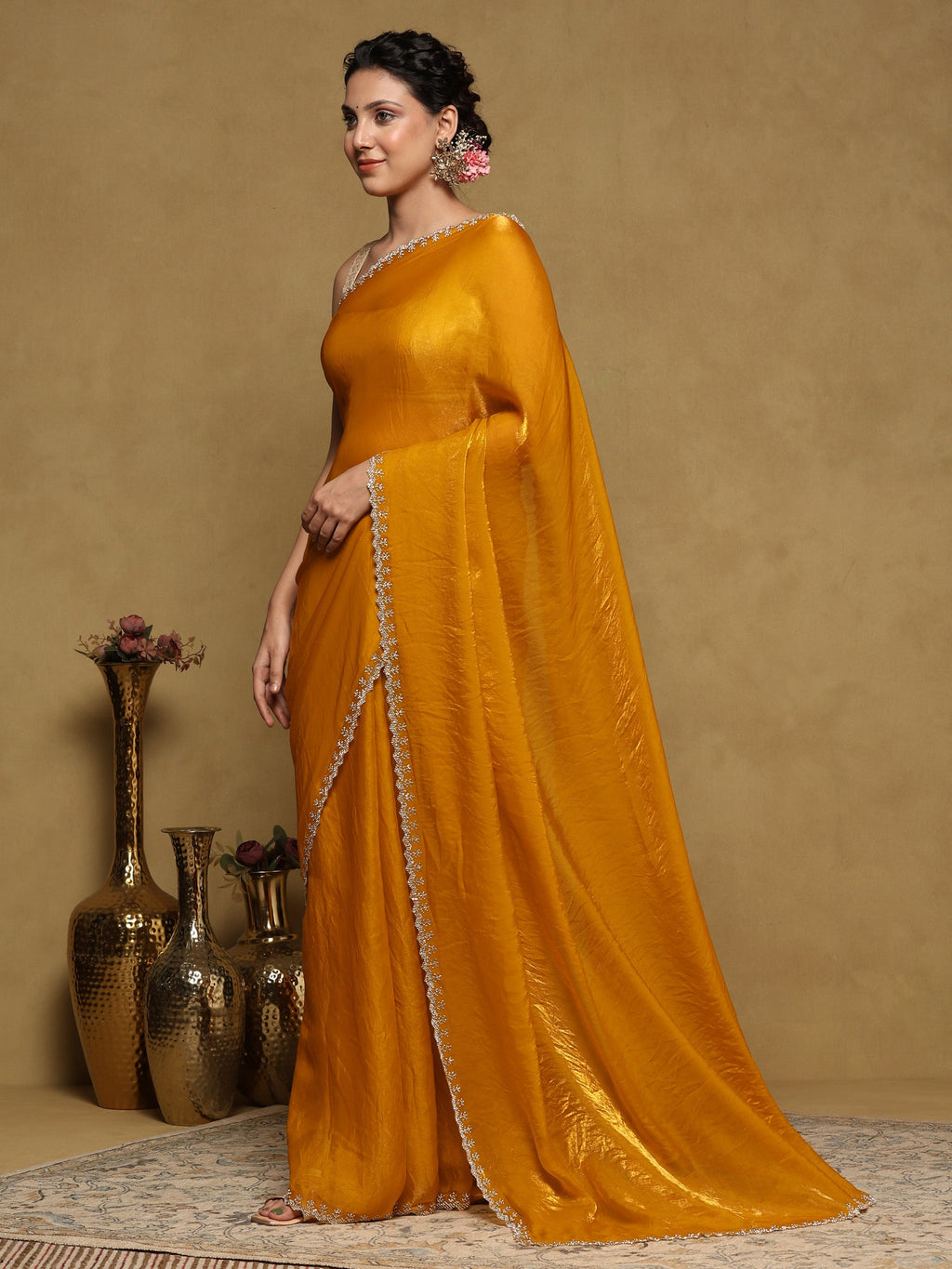 Mustard Embroidered Organza Saree