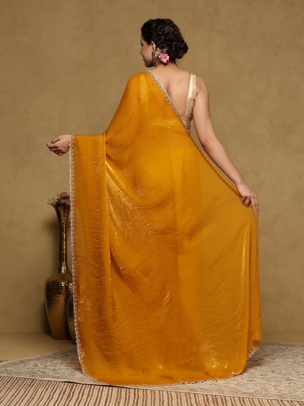 Mustard Embroidered Organza Saree