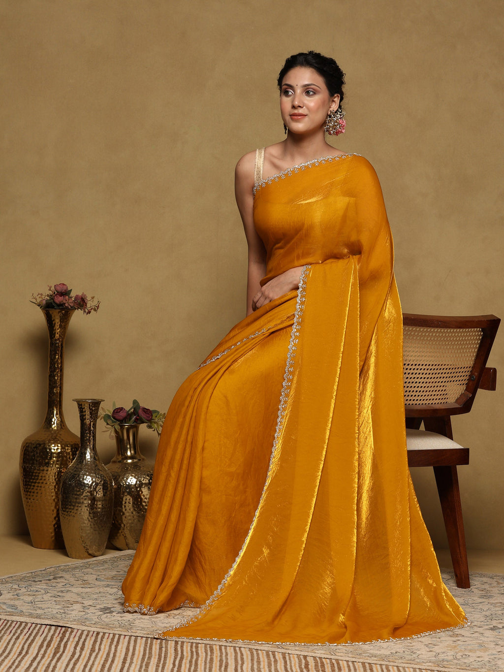 Mustard Embroidered Organza Saree