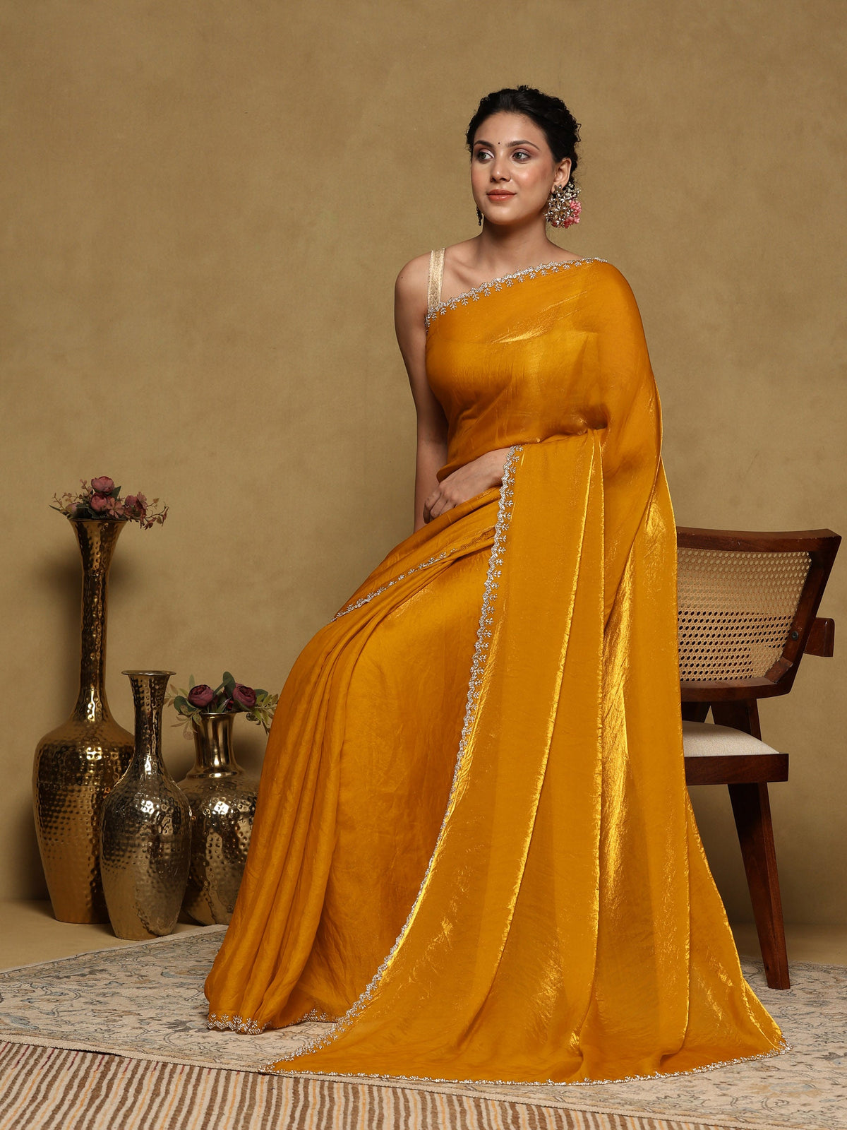 Mustard Embroidered Organza Saree