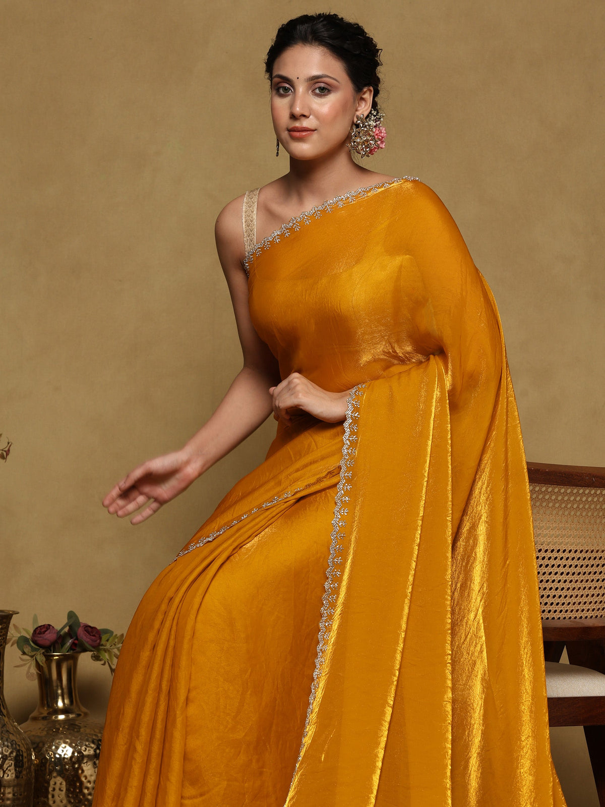Mustard Embroidered Organza Saree