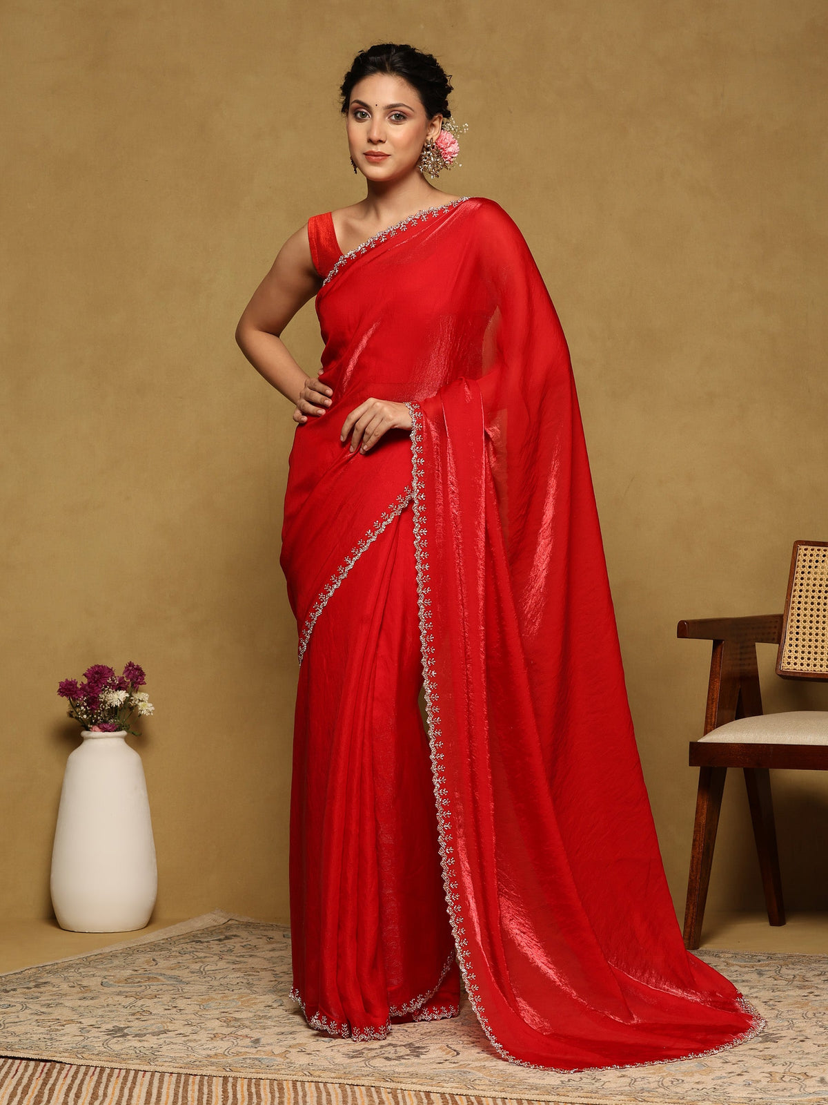 Red Embroidered Organza Saree
