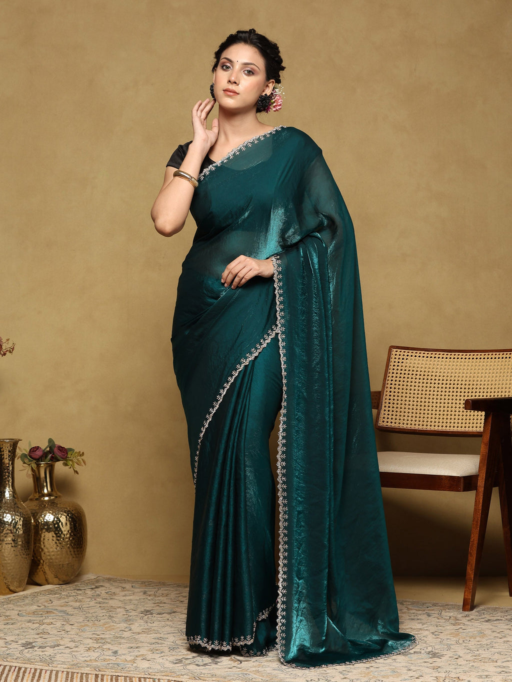 Teal Green Embroidered Organza Saree