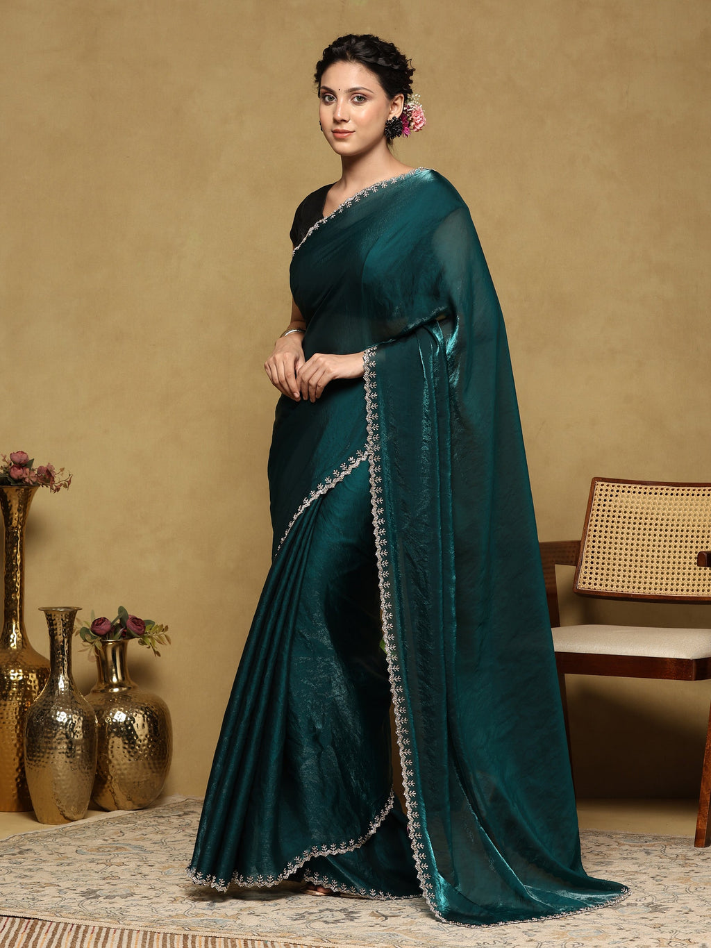 Teal Green Embroidered Organza Saree