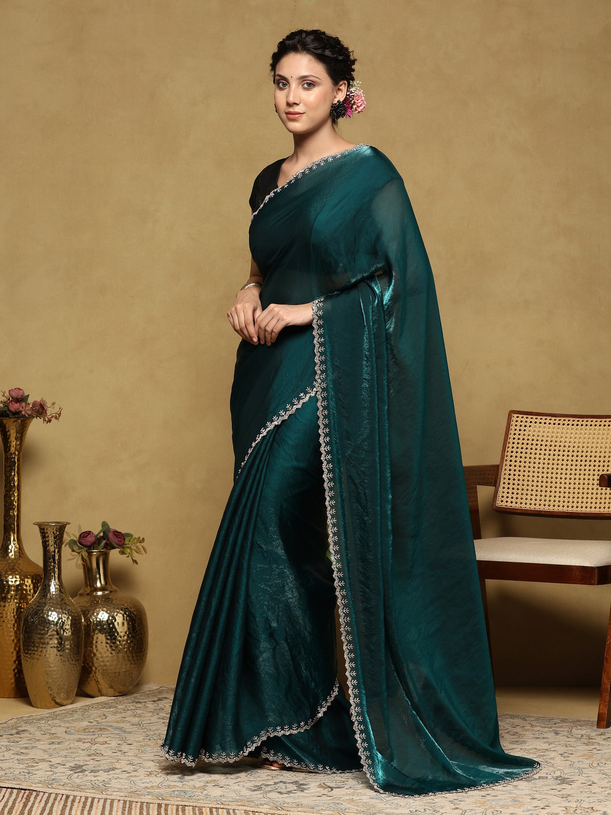 Teal Green Embroidered Organza Saree