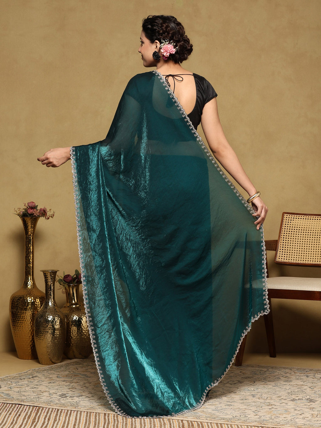 Teal Green Embroidered Organza Saree