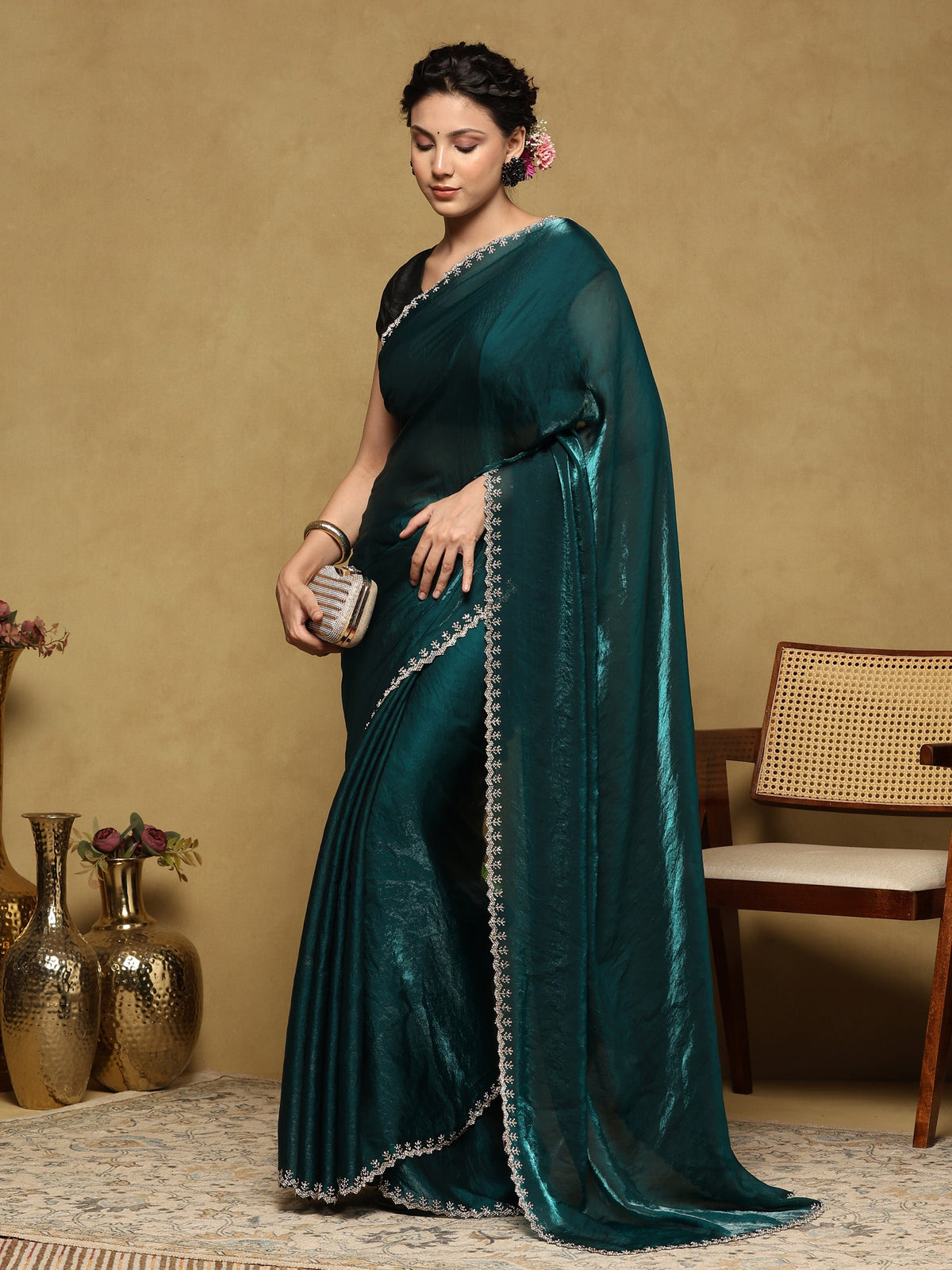 Teal Green Embroidered Organza Saree