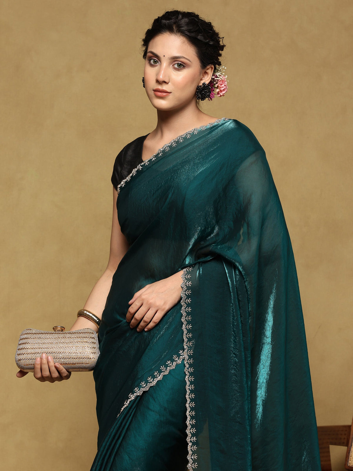 Teal Green Embroidered Organza Saree