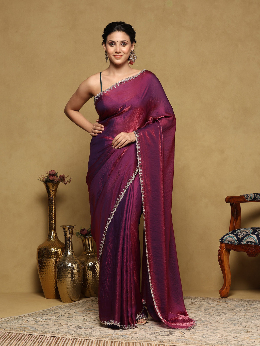 Wine Embroidered Organza Saree