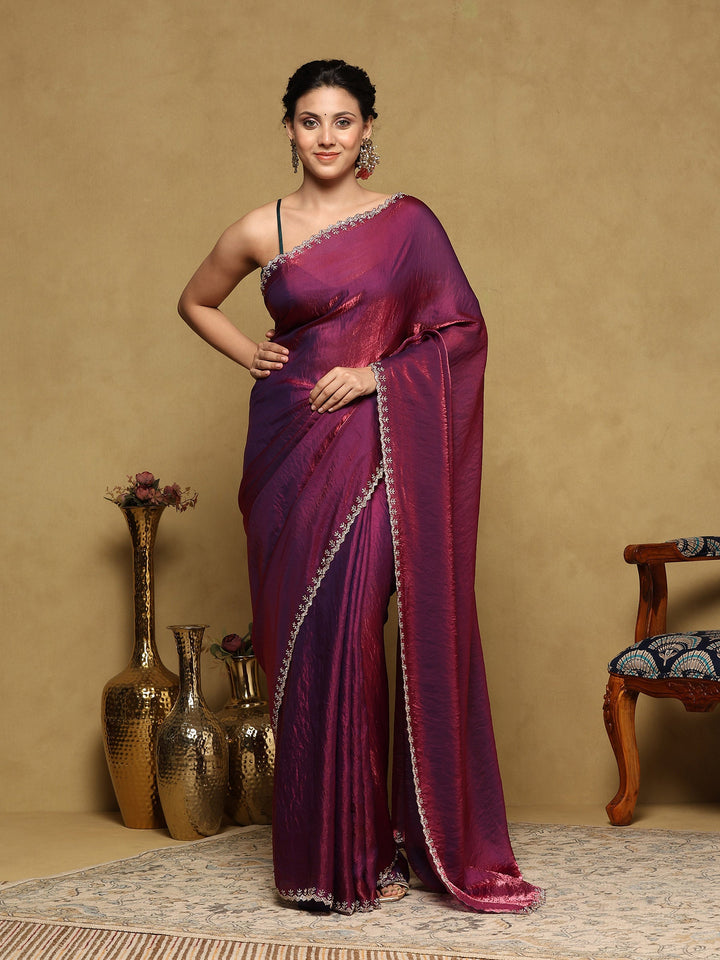 Wine Embroidered Organza Saree