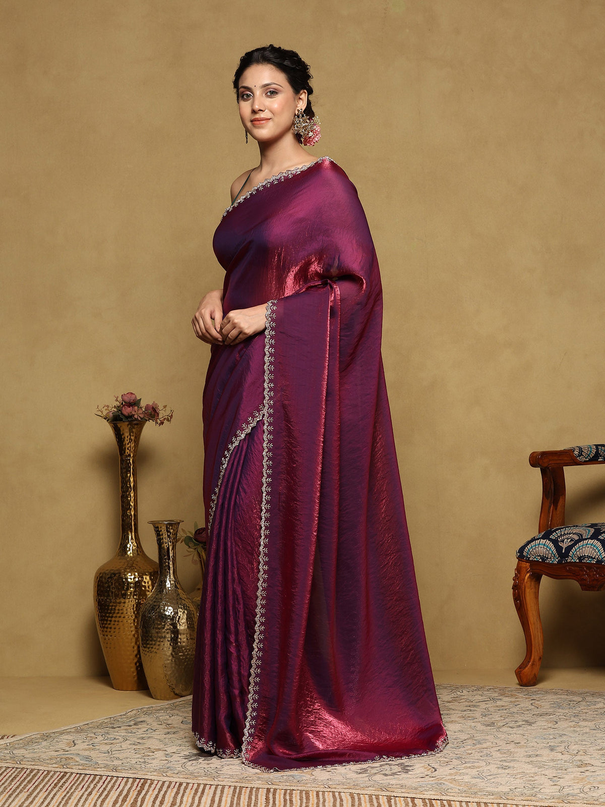 Wine Embroidered Organza Saree