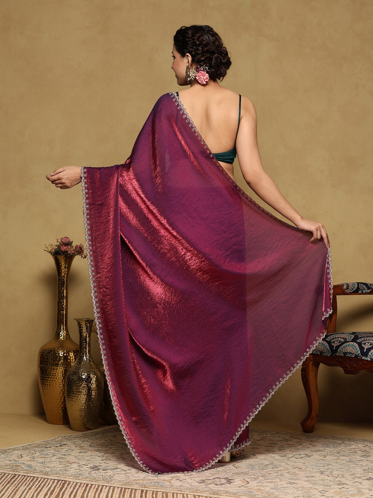 Wine Embroidered Organza Saree