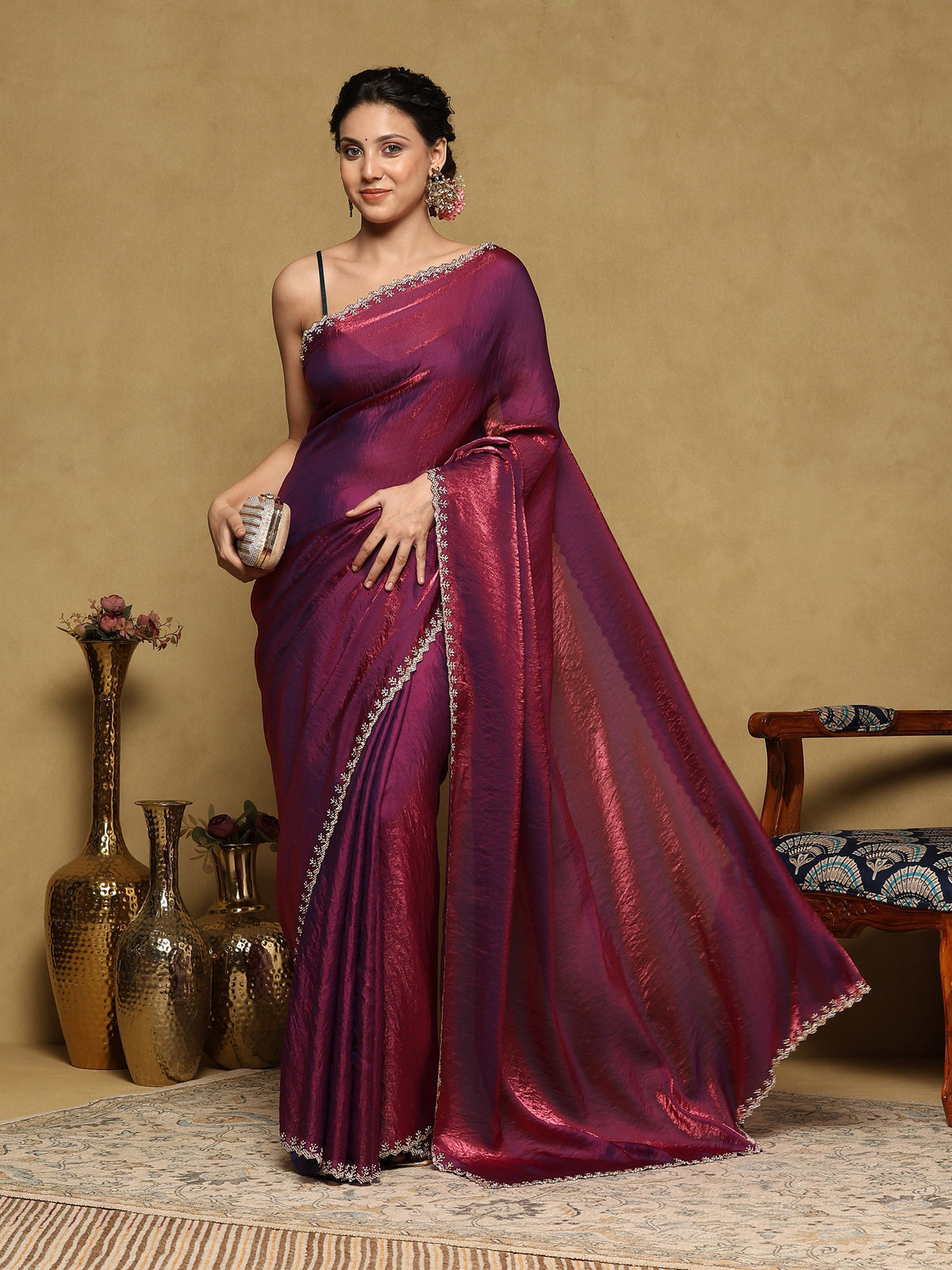 Wine Embroidered Organza Saree