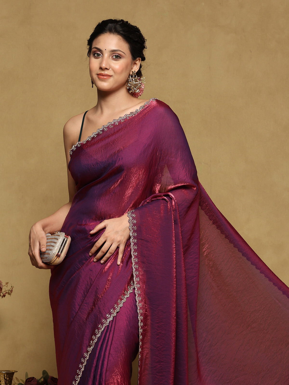 Wine Embroidered Organza Saree