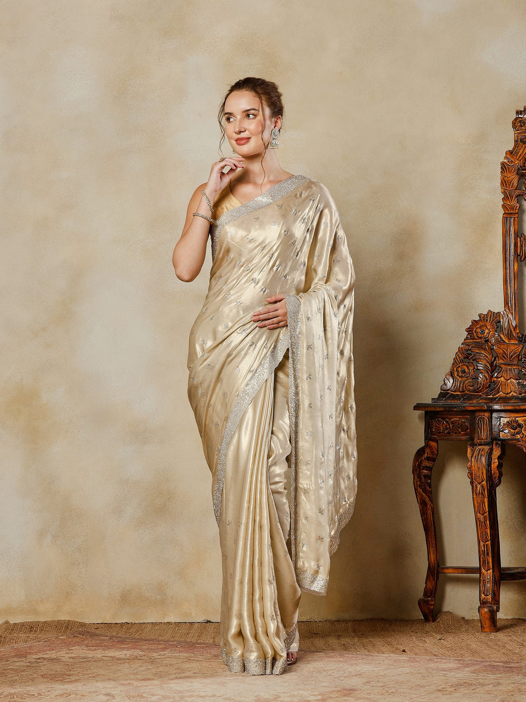 Beige Embroidered Tissue Saree