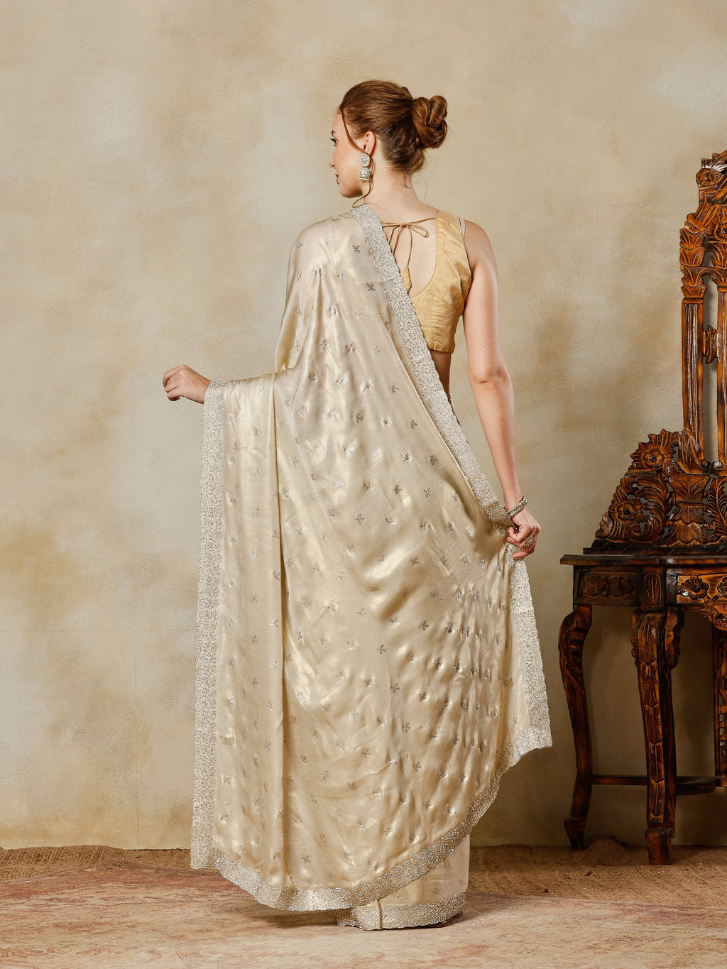 Beige Embroidered Tissue Saree