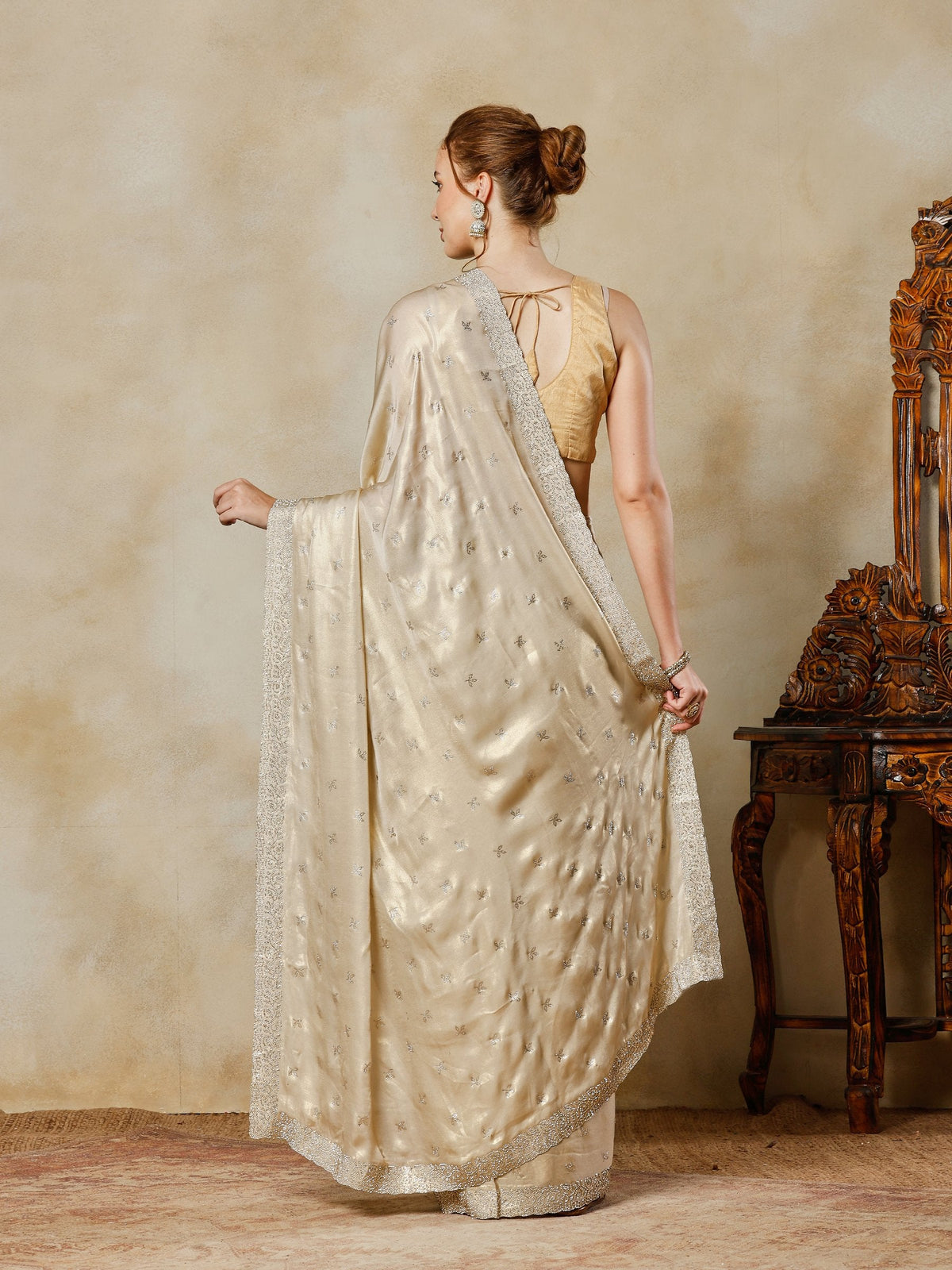 Beige Embroidered Tissue Saree