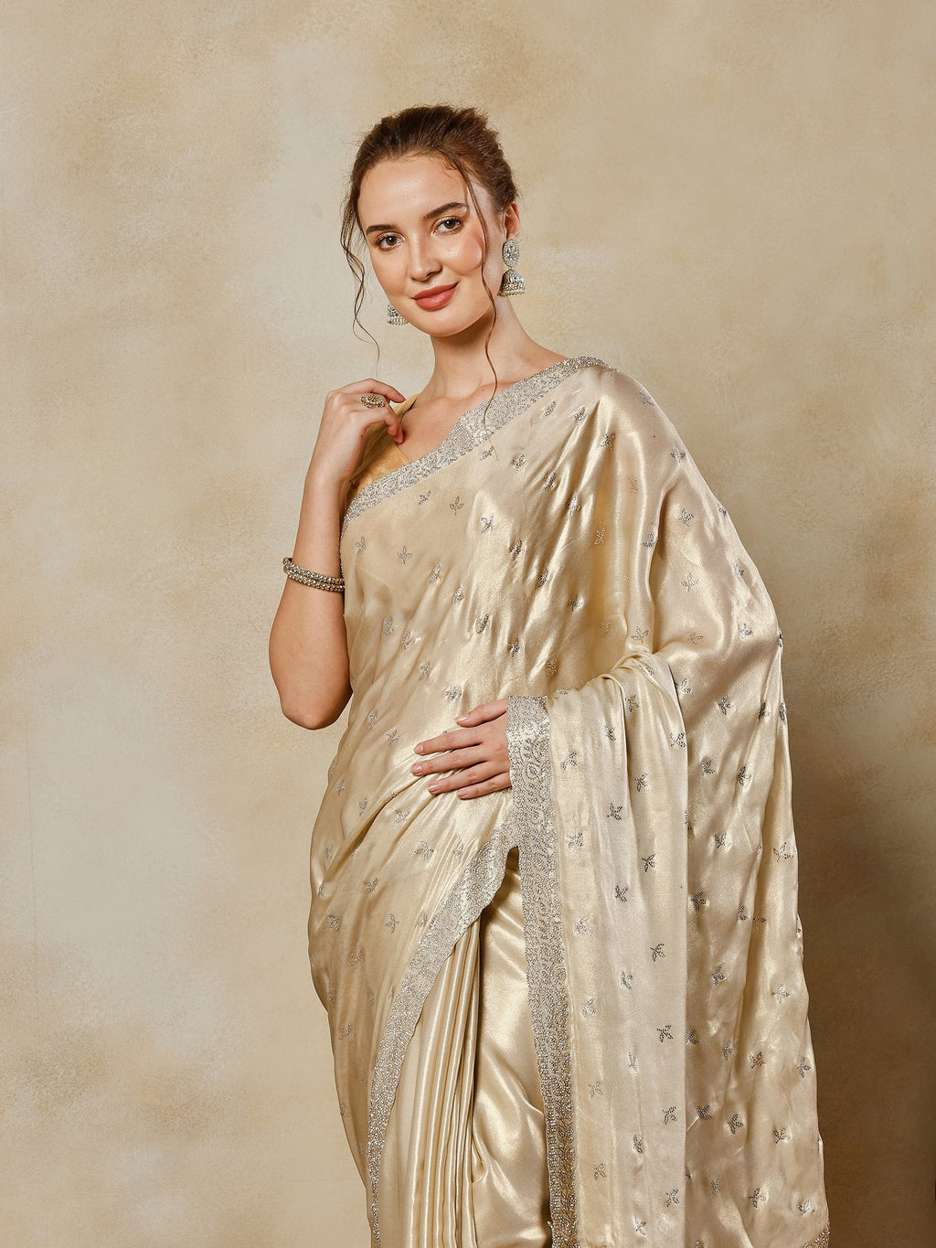 Beige Embroidered Tissue Saree