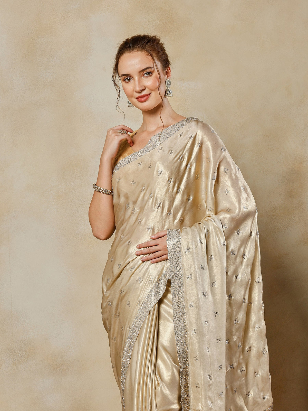 Beige Embroidered Tissue Saree