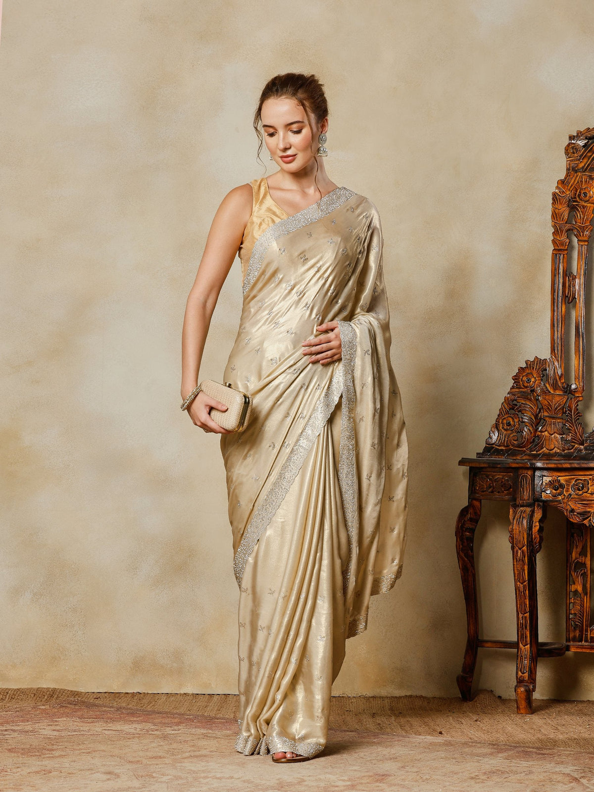 Beige Embroidered Tissue Saree