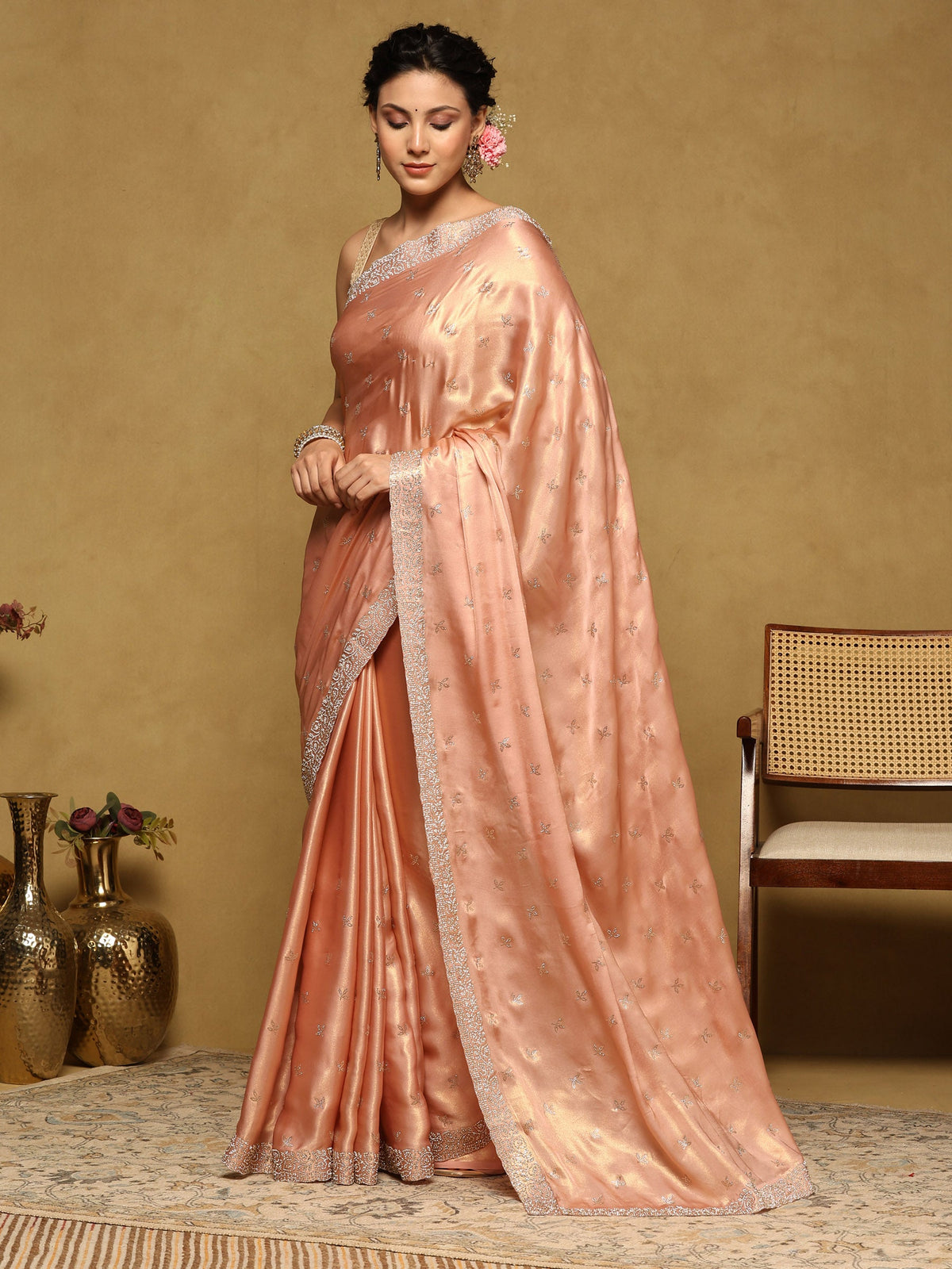 Peach Embroidered Tissue Saree
