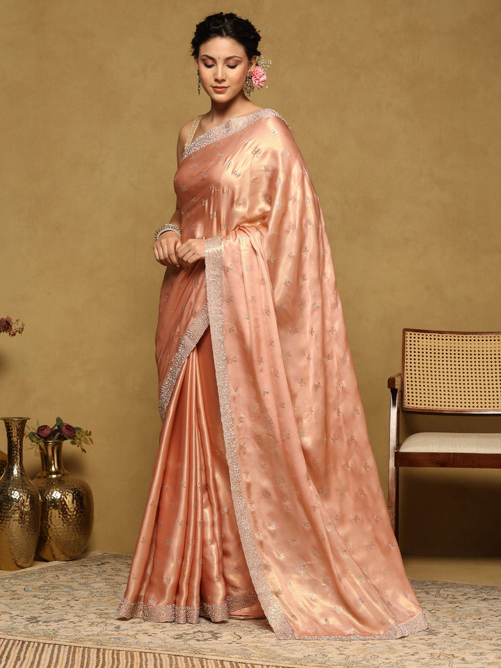 Peach Embroidered Tissue Saree