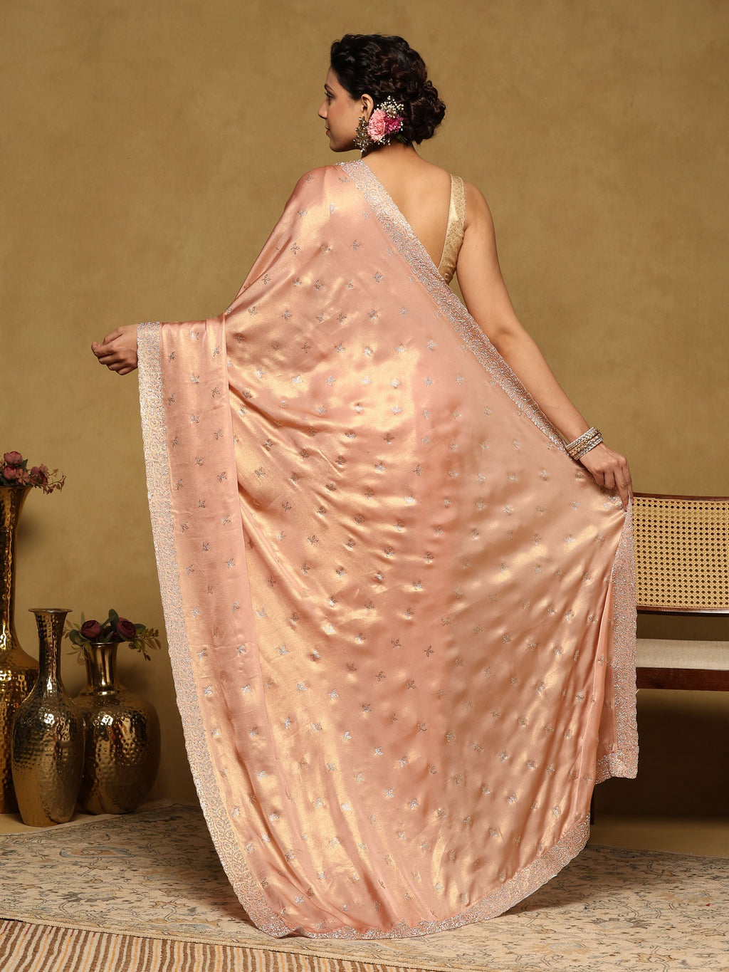 Peach Embroidered Tissue Saree